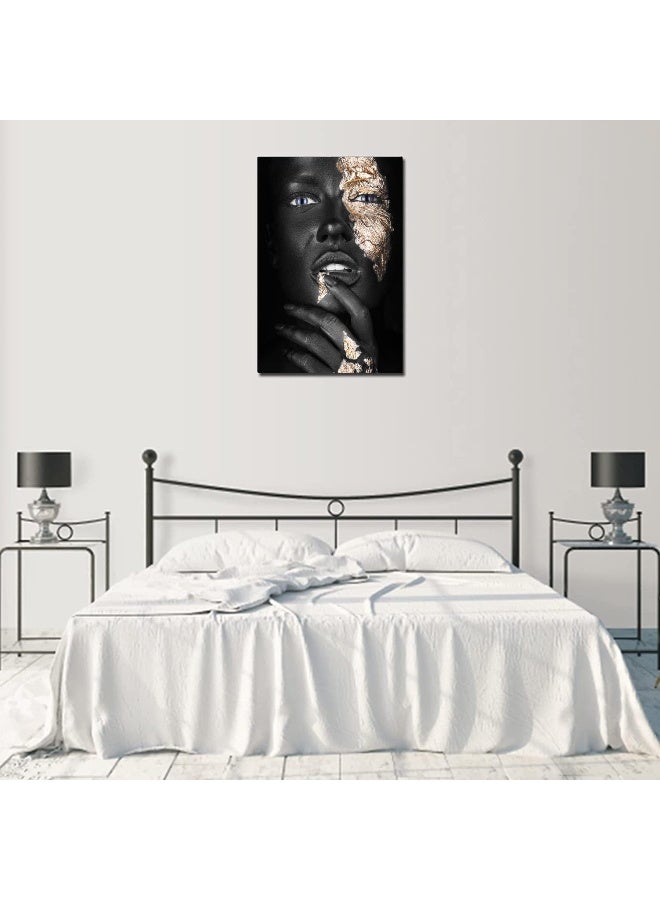 HYFBH African American Woman Canvas Wall Art, Black Gold Woman Wall Picture Black Girl Portrait Painting Modern Home Living Room Decor Framed 12”x16” - Image 4