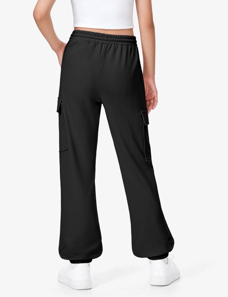 BOOPH Girls Sweatpants Kids Baggy Cargo Pants Athletic Drawstring Jogger Pants with Pockets Black 11-12 Years - Image 4