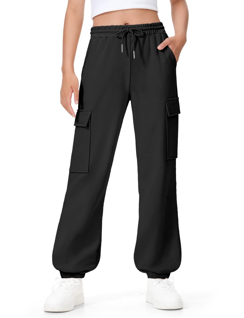 BOOPH Girls Sweatpants Kids Baggy Cargo Pants Athletic Drawstring Jogger Pants with Pockets Black 11-12 Years - Image 1
