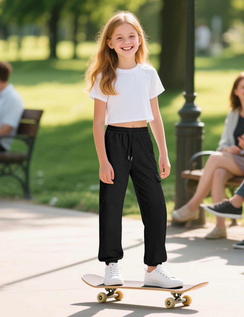 BOOPH Girls Sweatpants Kids Baggy Cargo Pants Athletic Drawstring Jogger Pants with Pockets Black 11-12 Years - Image 3