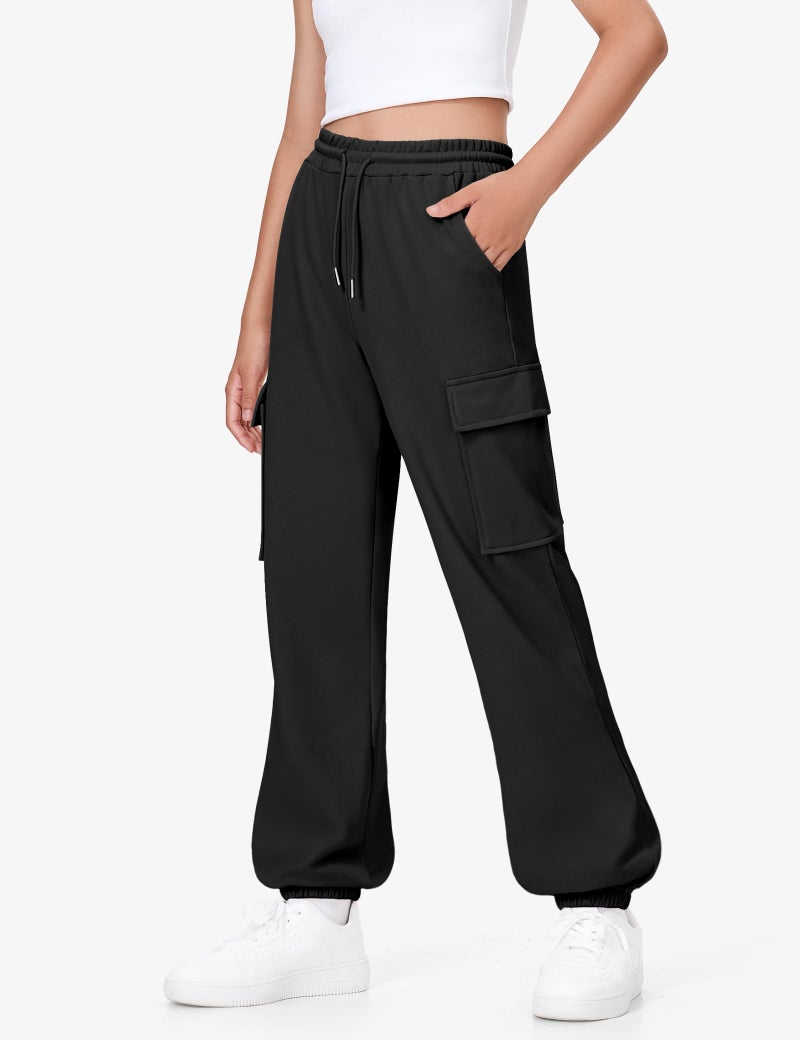 BOOPH Girls Sweatpants Kids Baggy Cargo Pants Athletic Drawstring Jogger Pants with Pockets Black 11-12 Years - Image 2