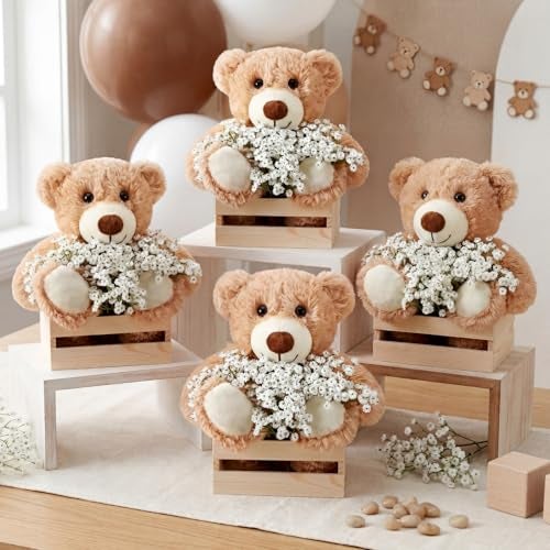 Amyhill 4 Sets Bear Baby Shower Centerpieces Baby Shower Table Decorations with Bears Wooden Crates Bamboo Baskets Artificial Flowers for Birthday Wedding Gender Reveal PartyClassic - Image 1