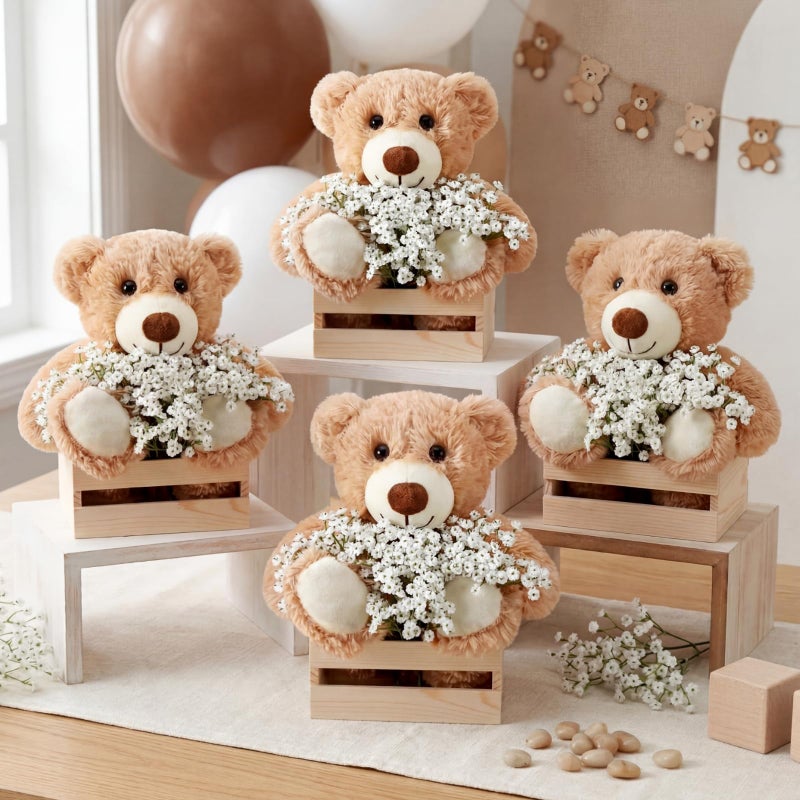 Amyhill 4 Sets Bear Baby Shower Centerpieces Baby Shower Table Decorations with Bears Wooden Crates Bamboo Baskets Artificial Flowers for Birthday Wedding Gender Reveal PartyClassic - Image 2