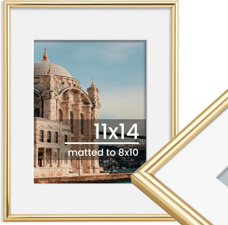 FLYJOE 11x14 Picture Frame, Display Pictures 8x10 with Mat or 11x14 Without Mat, Wall Hanging Photo Frame, Gold, 1 Pack - Image 1