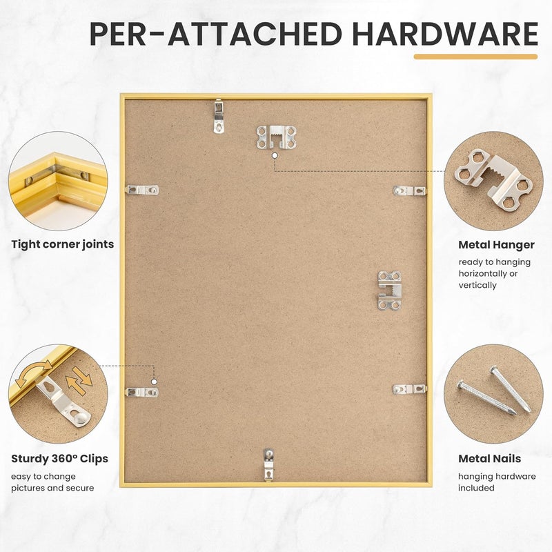 FLYJOE 11x14 Picture Frame, Display Pictures 8x10 with Mat or 11x14 Without Mat, Wall Hanging Photo Frame, Gold, 1 Pack - Image 5