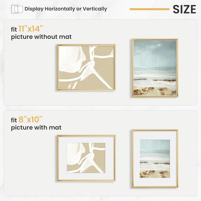 FLYJOE 11x14 Picture Frame, Display Pictures 8x10 with Mat or 11x14 Without Mat, Wall Hanging Photo Frame, Gold, 1 Pack - Image 3