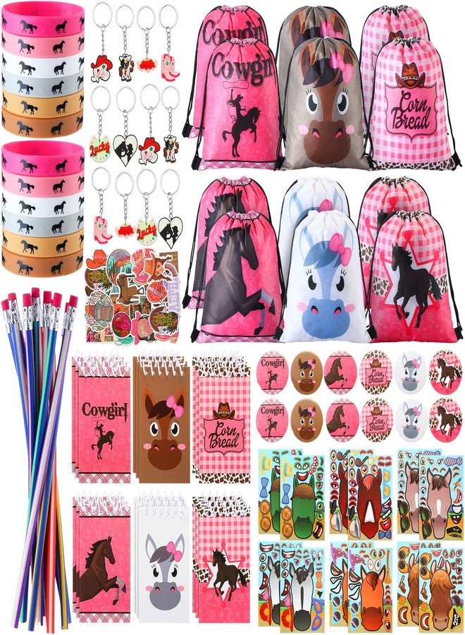 Liliful 140 Pcs Horse Themed Party Favor Supplies with Drawstring Bag Keychain Rubber Wristbands Badges Puzzle Stickers Notepads Soft Pencils for Horse Party Decoration - Image 1