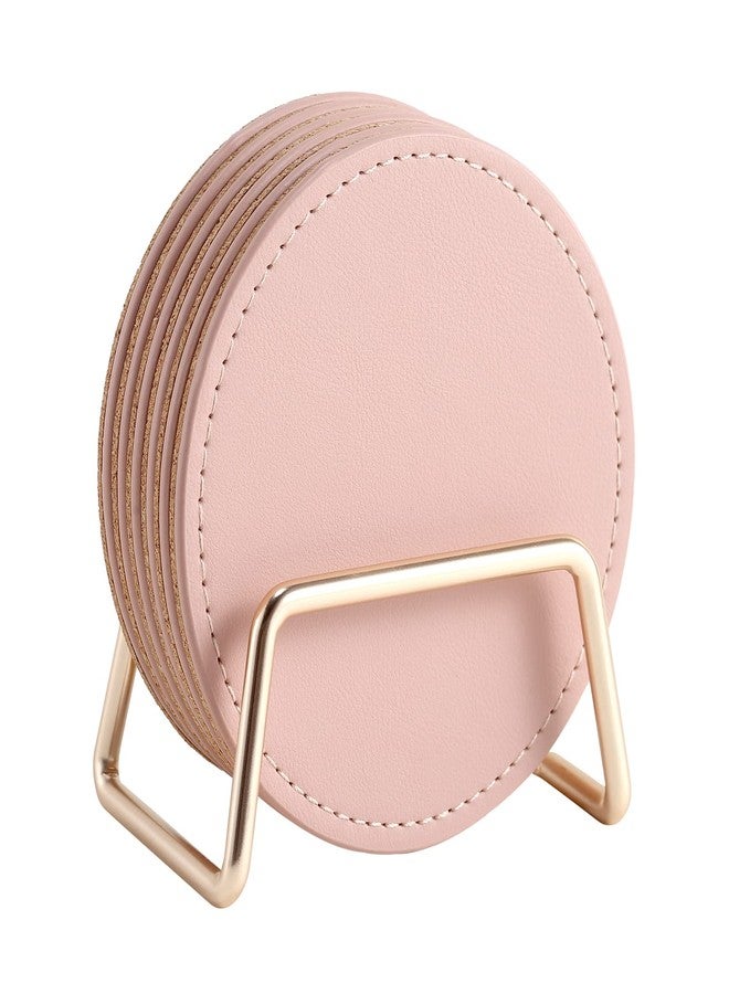 CASEGRACE Drink Coasters with Metal Holder Stand Set of 6, PU Leather Absorbent Coasters with Cork Base Table Coaster Set Decorative Coffee Cup Coasters Housewarming Gift for Home Decor - Image 1