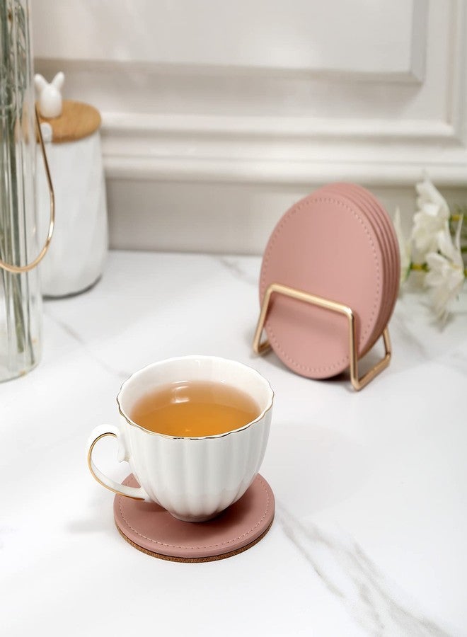 CASEGRACE Drink Coasters with Metal Holder Stand Set of 6, PU Leather Absorbent Coasters with Cork Base Table Coaster Set Decorative Coffee Cup Coasters Housewarming Gift for Home Decor - Image 5