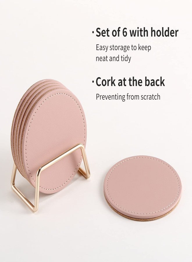 CASEGRACE Drink Coasters with Metal Holder Stand Set of 6, PU Leather Absorbent Coasters with Cork Base Table Coaster Set Decorative Coffee Cup Coasters Housewarming Gift for Home Decor - Image 4