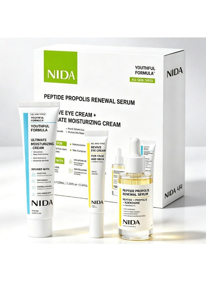 NIDA 3‑In‑1 Skin Care Set, Peptide Propolis Renewal Serum + Revive Eye Cream + Ultimate Moisturizing Cream, Complete Daily Facial Skincare Kit for All Skin Types - Image 1