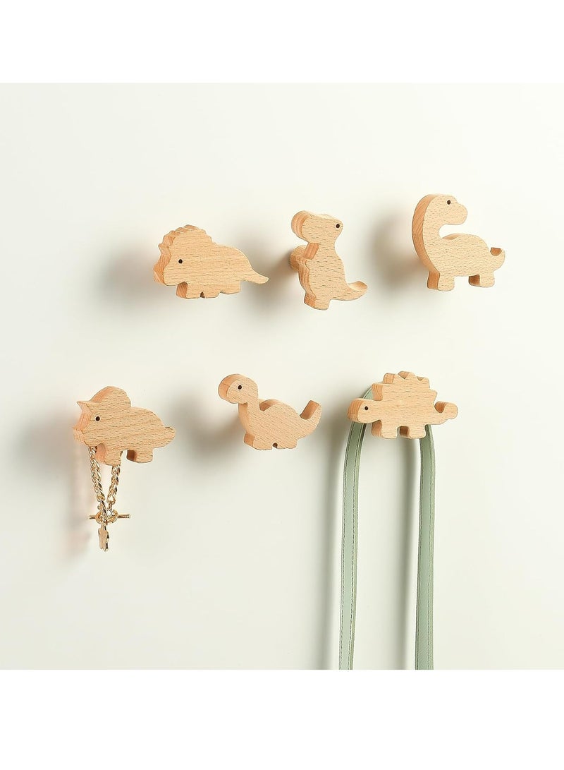 Oasisgalore 6 Pcs Dinosaur Wood Wall Hooks for Child's Nursery, Natural Finish  - Image 1