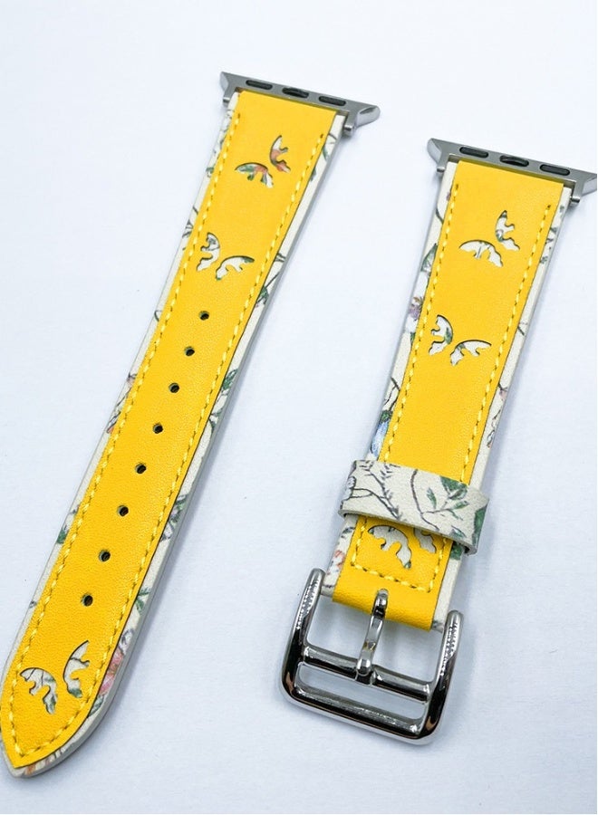 Beauenty For apple iWatch 6/7/8 Watch with Butterfly print Leather strap 38/40/41mm yellow