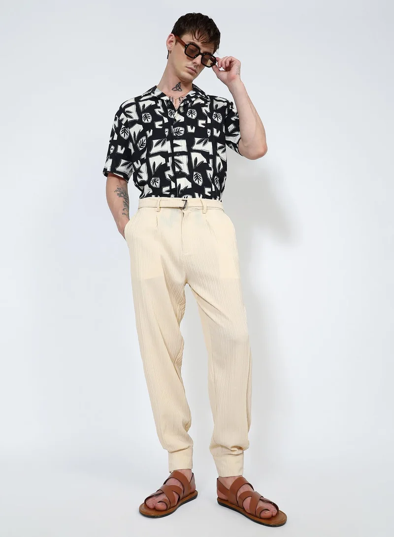 Campus Sutra  Lightweight - Textured Cuff-Hem Trousers for Men | Best Price UAE