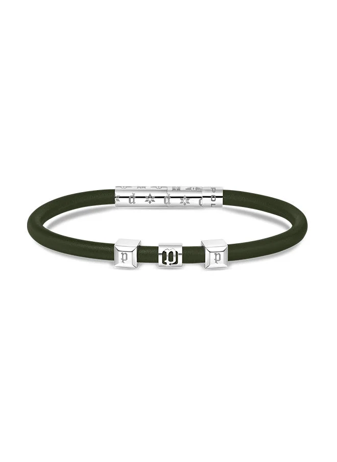 POLICE Police Flake Dark Green Leather With Stainless Steel Logo Gents Bracelet - PEAGB0033905