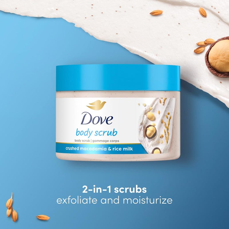 Dove Exfoliating Body Polish Scrub Reveals Visibly Smoother Skin Macadamia & Rice Milk Body Scrub That Nourishes Skin, 10.5 oz, 4 Count - Image 3