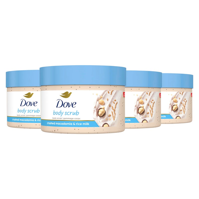 Dove Exfoliating Body Polish Scrub Reveals Visibly Smoother Skin Macadamia & Rice Milk Body Scrub That Nourishes Skin, 10.5 oz, 4 Count - Image 1