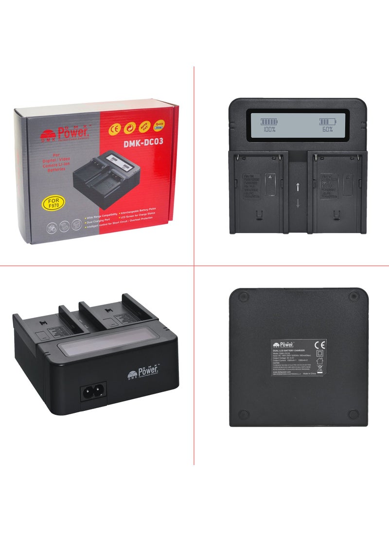 DMK Power - DMK Power NP-F970/NP-F960 (9800mAh) 4Pack Battery With DC-03 Digital Dual Battery Charger", made for LED Photo Video Lights and Monitor only (Not for Cameras & Camcorder) - Image 1