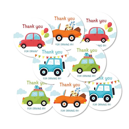 weRevel Car Themed Thank You for Driving by Party Stickers, 40 Count, 2 Inches, Round, 4 Unique Designs - Image 1