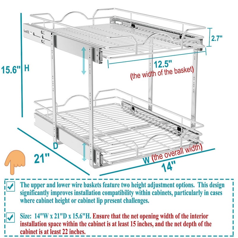 OCG 2 Tier Pull Out Cabinet Organizer (14" W x 21" D), Pull Out Drawers for Kitchen Cabinets, Pull Out Shelves for Base Cabinet Organization in Kitchen Bathroom Pantry, Chrome Finish - Image 2