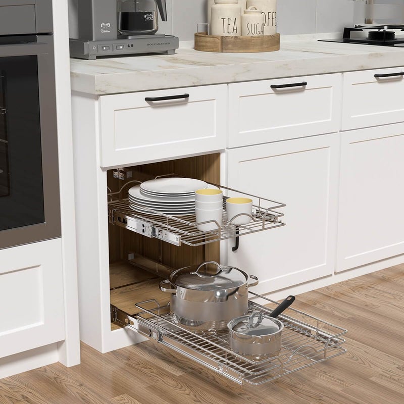 OCG 2 Tier Pull Out Cabinet Organizer (14" W x 21" D), Pull Out Drawers for Kitchen Cabinets, Pull Out Shelves for Base Cabinet Organization in Kitchen Bathroom Pantry, Chrome Finish - Image 4