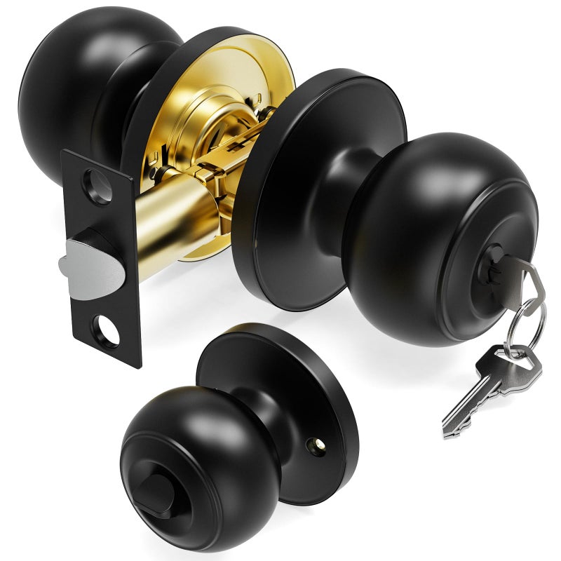 AmzGod Door Knob with Lock and Key Door Knobs Keyed Entry Door Knobs Interior and Exterior Door Lock for Front Doors Bedroom Bathroom Round Door Knob Matte Black Finish 1 Pack