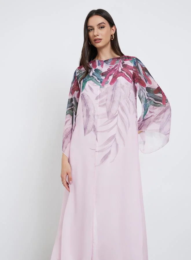 تايك تو فستان طويل بحافة واسعة وأكمام جرس بطبعة أوراق