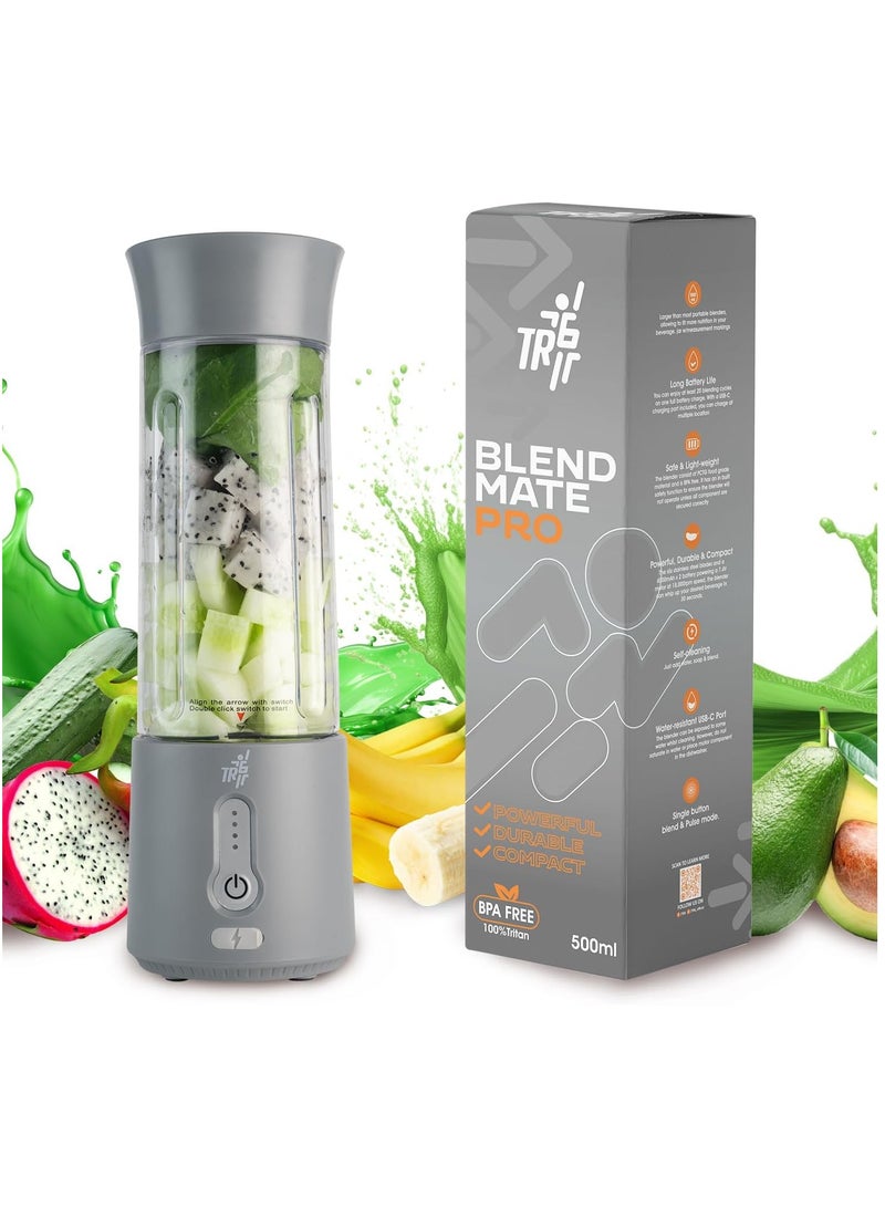 TR6 خلاط TR6 Blendmate Pro المحمول للعصائر والمشروبات البروتينية وسحق الثلج - سعة 500 مل، مصنوع من مادة تريتان، وبطارية 4000 مللي أمبير/ساعة، ومنفذ USB-C مع غطاء مقبض (رمادي)  - Image 1