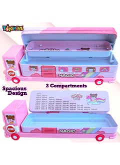 Toyshine Toyshine Cartoon Printed School Bus Matal Pencil Box With Moving Tyres And Sharpner For Kids - PINK, Metal  - Image 2