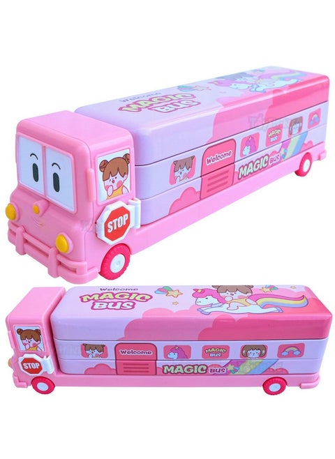 Toyshine Cartoon Printed School Bus Matal Pencil Box With Moving Tyres And Sharpner For Kids - PINK, Metal