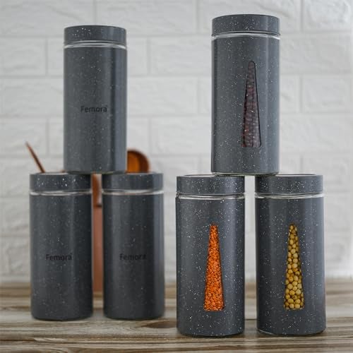 Femora Borosilicate Glass Triangular Shape Window with Carbon Steel Jacketed Glass Jars |700 ML| Set Of 4 | 1 Year Warranty | Airtight |Jars for Snacks, Fry Food, Masala, Spice, Pickle, Cookies | Grey - Image 2