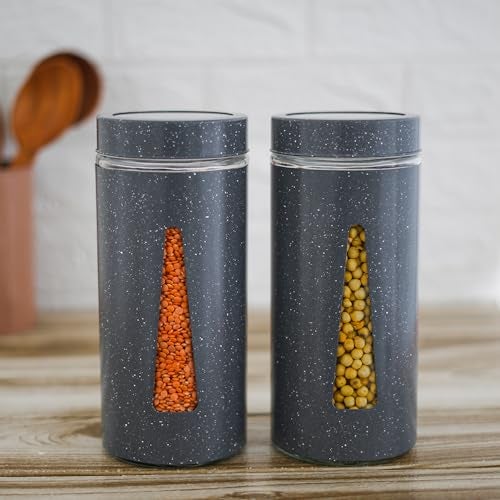 Femora Borosilicate Glass Triangular Shape Window with Carbon Steel Jacketed Glass Jars |700 ML| Set Of 4 | 1 Year Warranty | Airtight |Jars for Snacks, Fry Food, Masala, Spice, Pickle, Cookies | Grey - Image 1