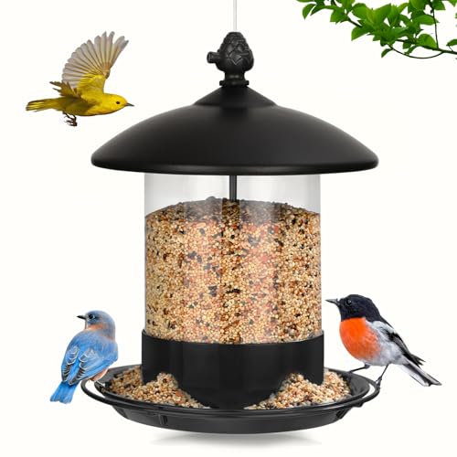 Gbekery Metal Bird Feeders for Outdoors Hanging, Weather Resistant Wild Bird Feeder with 360 Degree Feeding Tray, Black - Image 1