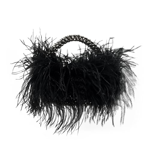 Miuco Real Natural Ostrich Feather Beaded Handbags For Women Handmade Evening Bags Clutch Purse Black - Image 1