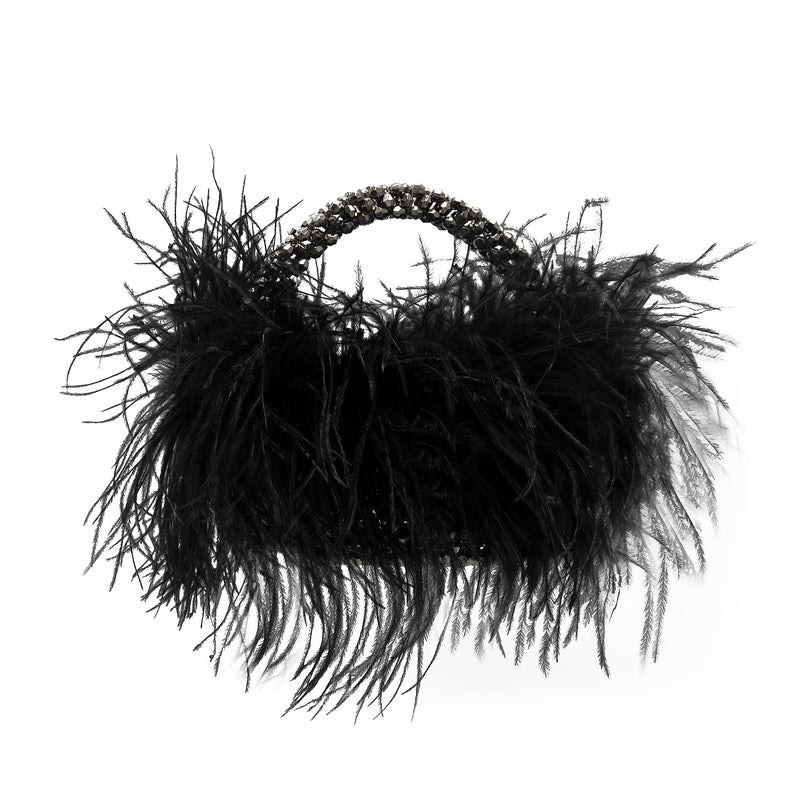 Miuco Real Natural Ostrich Feather Beaded Handbags For Women Handmade Evening Bags Clutch Purse Black - Image 3
