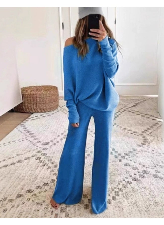 general 2025-2026 Solid-color Simple Batwing Sleeve Long-Sleeved Drawstring High-Waist Wide-Fit Long Pants Knitted Two-Piece Set - Image 1