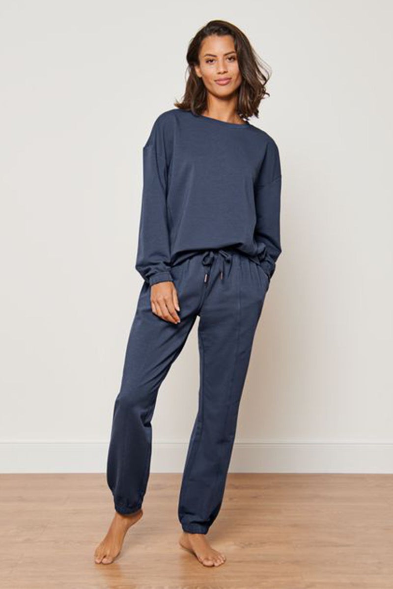 Tchibo Women 2 Piece Plain Top And Pajama Set, Navy  - Image 1