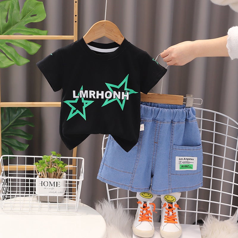 Boys' Summer Suit Baby'S Summer Cool And Cool Clothes Children'S Summer Short-Sleeved Denim Shorts Trendy - Image 1