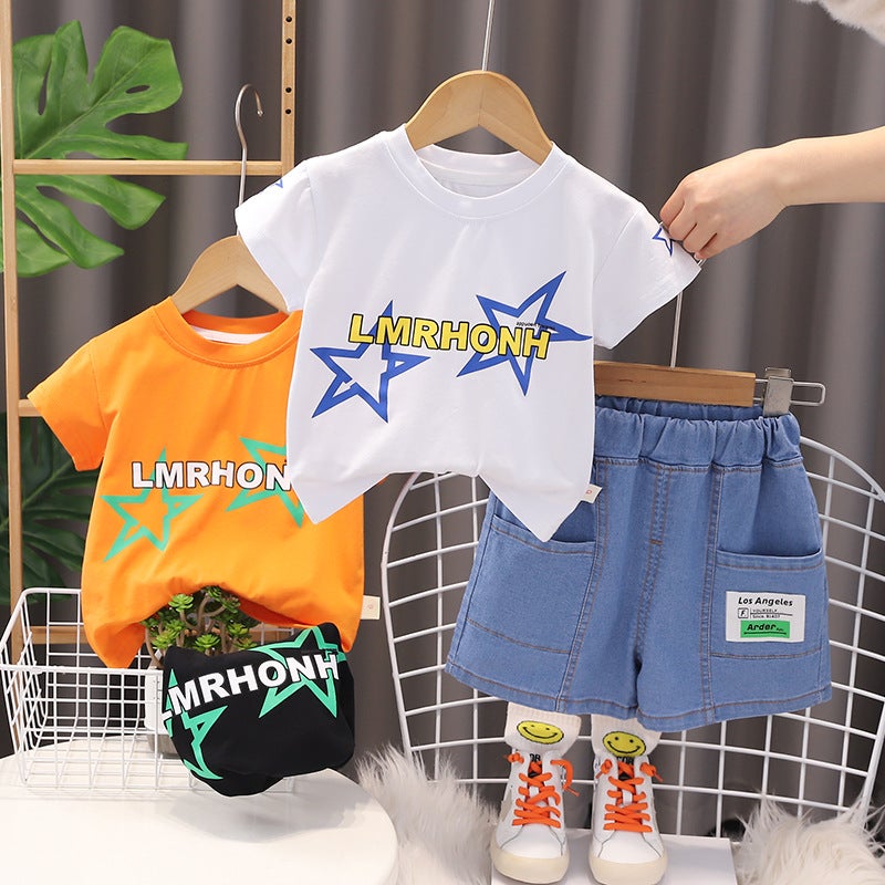 Boys' Summer Suit Baby'S Summer Cool And Cool Clothes Children'S Summer Short-Sleeved Denim Shorts Trendy - Image 2