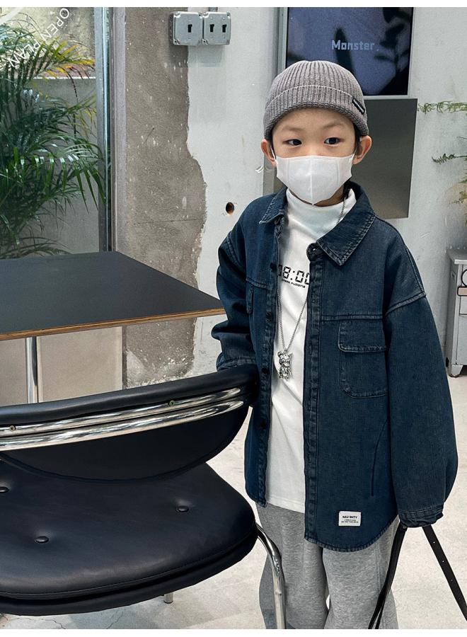 Baoduo Children's Clothing Boys' Denim Shirt Fleece-lined Thickened Denim Coat Fashionable Autumn And Winter Children's Long Sleeve Shirt Trendy