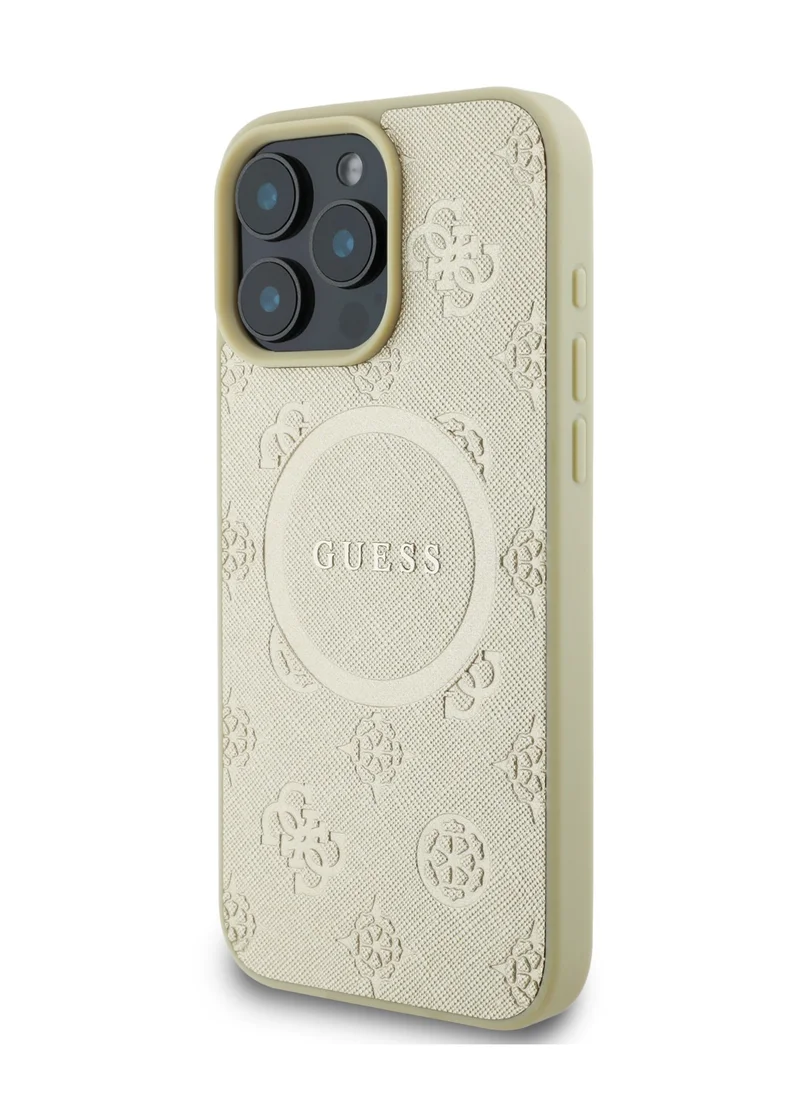 GUESS Magsafe Saffiano PU Peony Hot Stamp Pattern And Classic Logo Case for iPhone 16 Pro Max - Gold