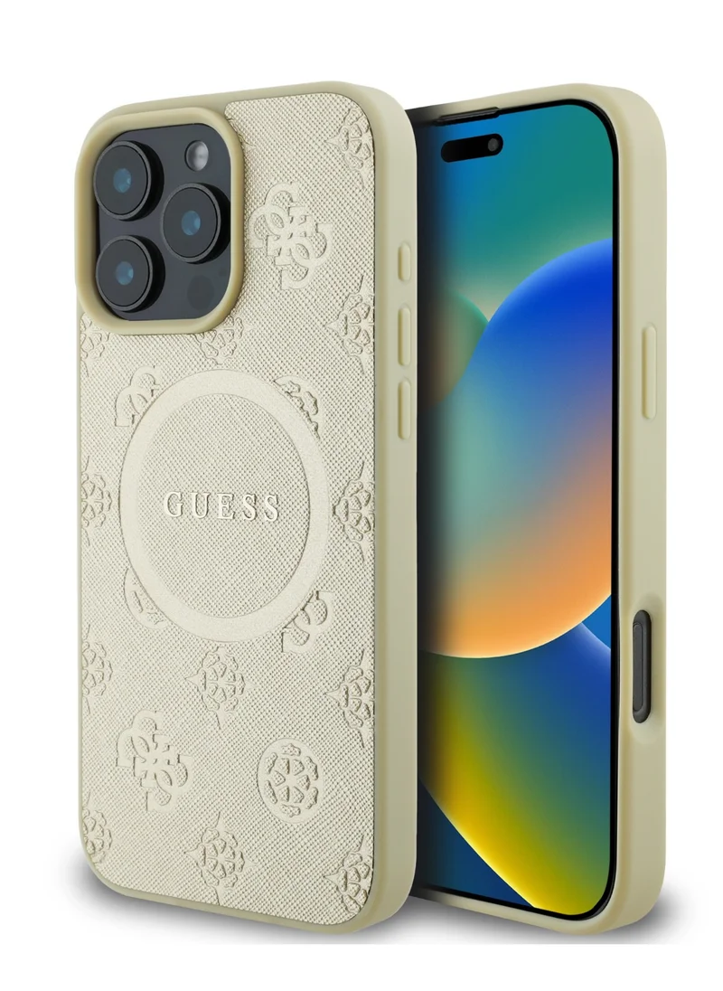GUESS Magsafe Saffiano PU Peony Hot Stamp Pattern And Classic Logo Case for iPhone 16 Pro Max - Gold