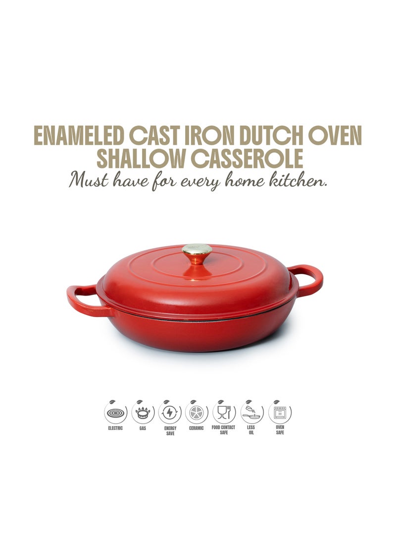 VAV Healthy and Safe, Non-Stick Cookware, Enameled Cast Iron Dutch Oven Shallow Casserole Braiser Pan, 30.5x6.3cm / 12x2.5Inch – Red  - Image 1