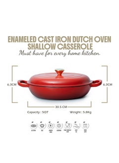 VAV Healthy and Safe, Non-Stick Cookware, Enameled Cast Iron Dutch Oven Shallow Casserole Braiser Pan, 30.5x6.3cm / 12x2.5Inch – Red  - Image 2