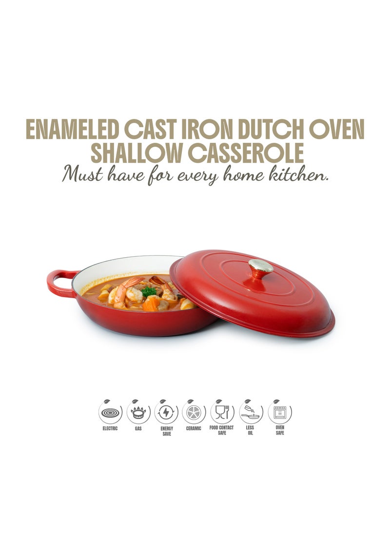 VAV Healthy and Safe, Non-Stick Cookware, Enameled Cast Iron Dutch Oven Shallow Casserole Braiser Pan, 30.5x6.3cm / 12x2.5Inch – Red  - Image 4