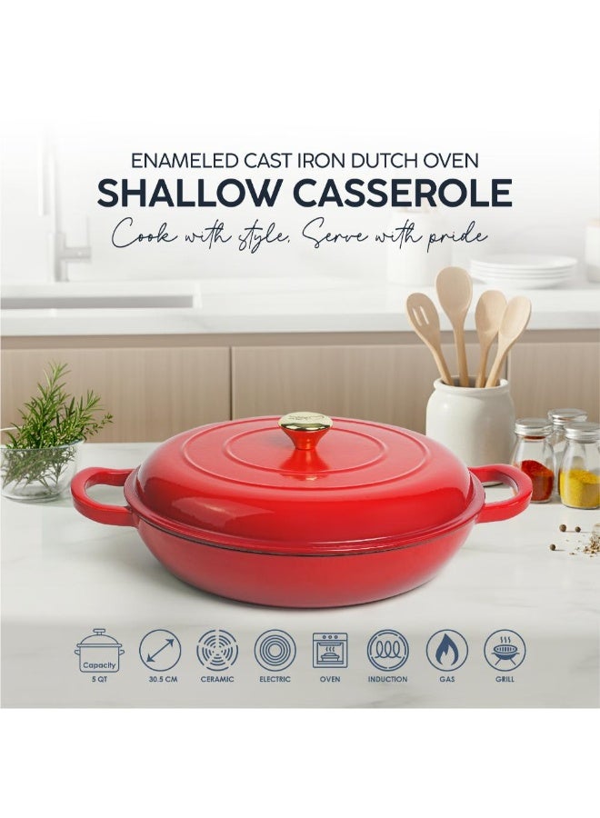 VAV Healthy and Safe, Non-Stick Cookware, Enameled Cast Iron Dutch Oven Shallow Casserole Braiser Pan, 30.5x6.3cm / 12x2.5Inch – Red - Image 3