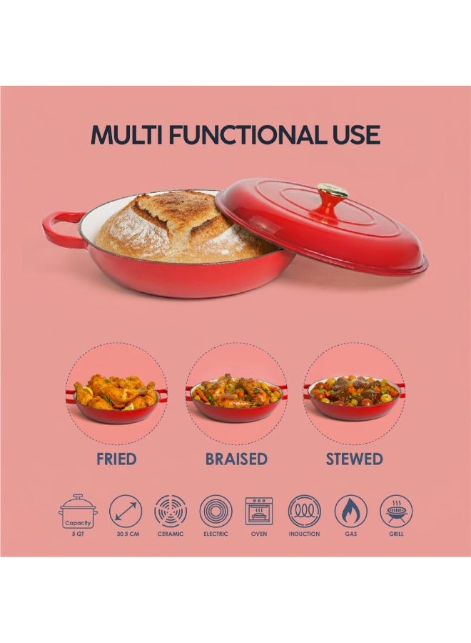 VAV Healthy and Safe, Non-Stick Cookware, Enameled Cast Iron Dutch Oven Shallow Casserole Braiser Pan, 30.5x6.3cm / 12x2.5Inch – Red - Image 4