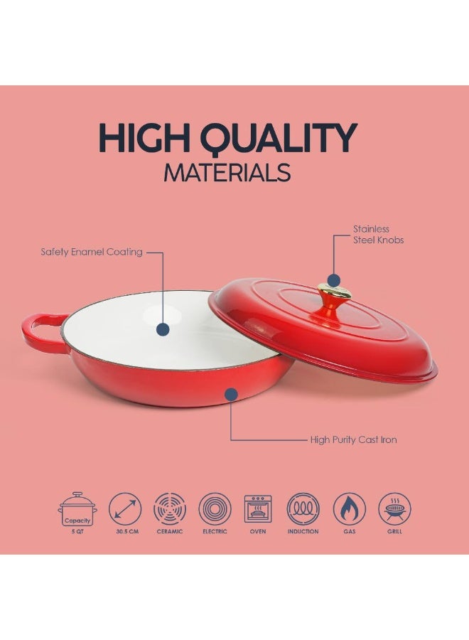 VAV Healthy and Safe, Non-Stick Cookware, Enameled Cast Iron Dutch Oven Shallow Casserole Braiser Pan, 30.5x6.3cm / 12x2.5Inch – Red - Image 5