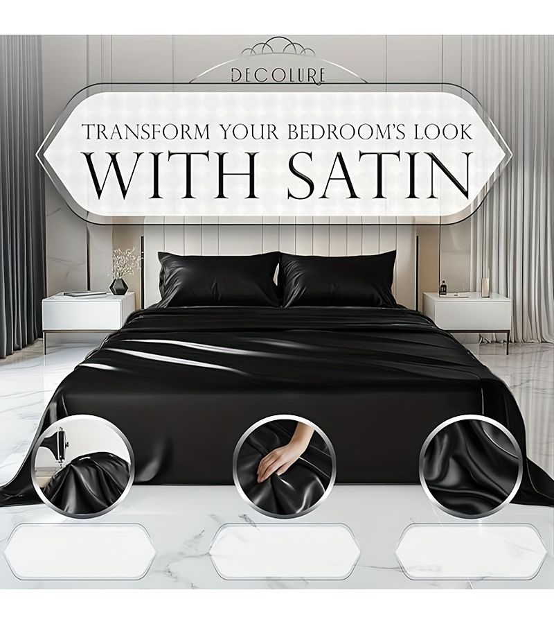 4pcs Luxury Burgundy Satin Fitted Sheet Set With 1 Fitted Sheet 1 Flat Sheet 2 Pillowcases Soft Deep Pocket Comfortable All Seasons For Home Bedroom Hotel Dormitory - Image 2