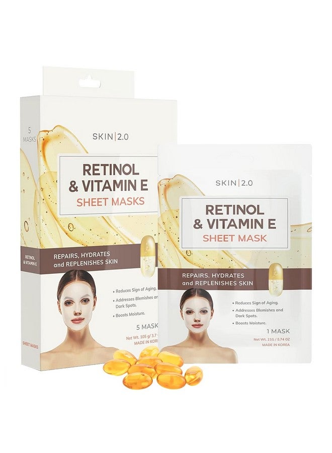 سكين 2.0 قناع الوجه الورقي من الريتينول وفيتامين E يقلل من العيوب وندبات حب الشباب وفرط التصبغ، قناع ورقي مرطب مضاد للشيخوخة، عناية كورية بالبشرة خالية من القسوة لجميع أنواع البشرة، 5 أقنعة - Image 1